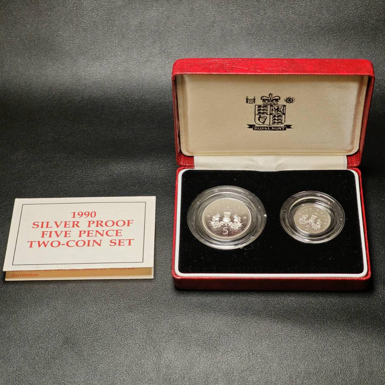 金瓯小拍第三期 古今币章 银价专场 英国5便士1对2枚精制银币1990年 重3.25克+5.65克 状态极佳无氧化硫化 盒证齐全