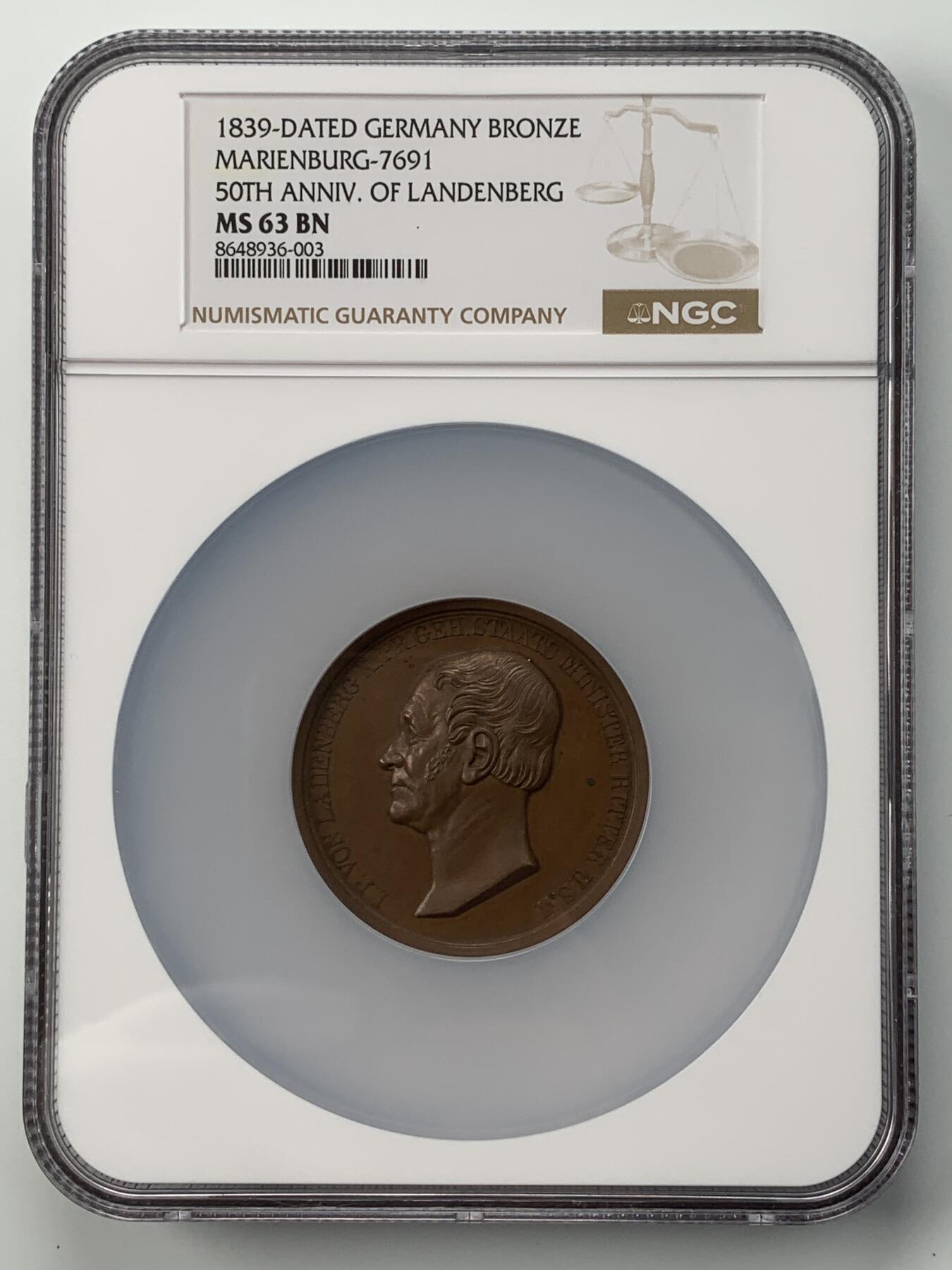 掌中浮雕-藏着的欧洲第051场 NGC MS63 : 1839年普鲁士枢密院大臣冯 . 兰登伯格纪念铜章，50mm
