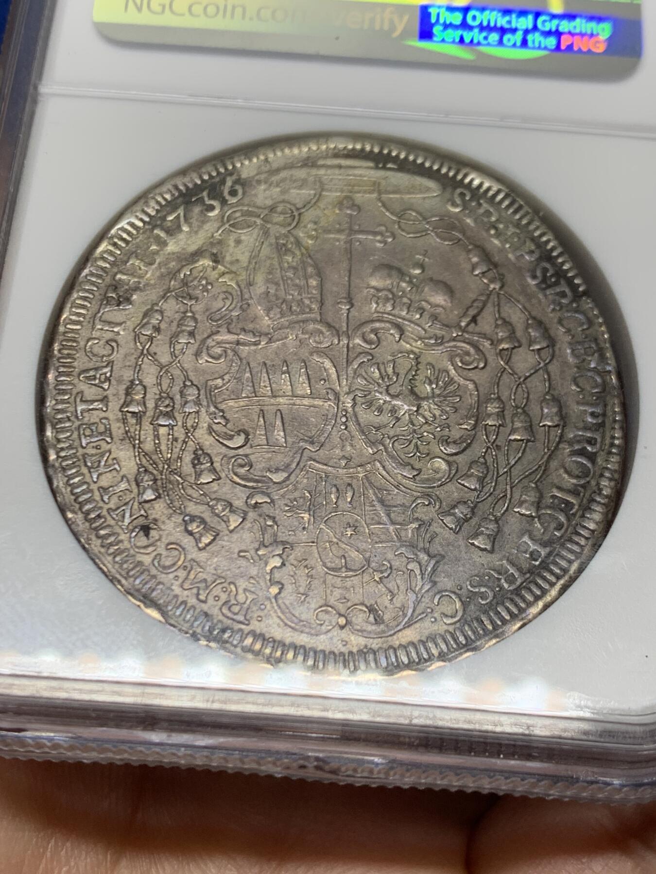 《竞宝斋》第462场 周日，周一，2场连拍 （全场包邮）欢迎送拍 NGC XF 奥尔米茨主教区 1736/5 泰勒银币 罕见骑字版