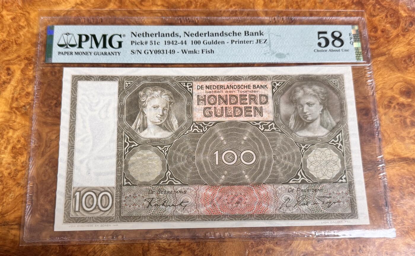 得物收藏 Chase Auction 第35期 - - 外钞、银元、民国钞和人民币混合场！持续更新中！ 1942年荷兰100盾，PMG58e！