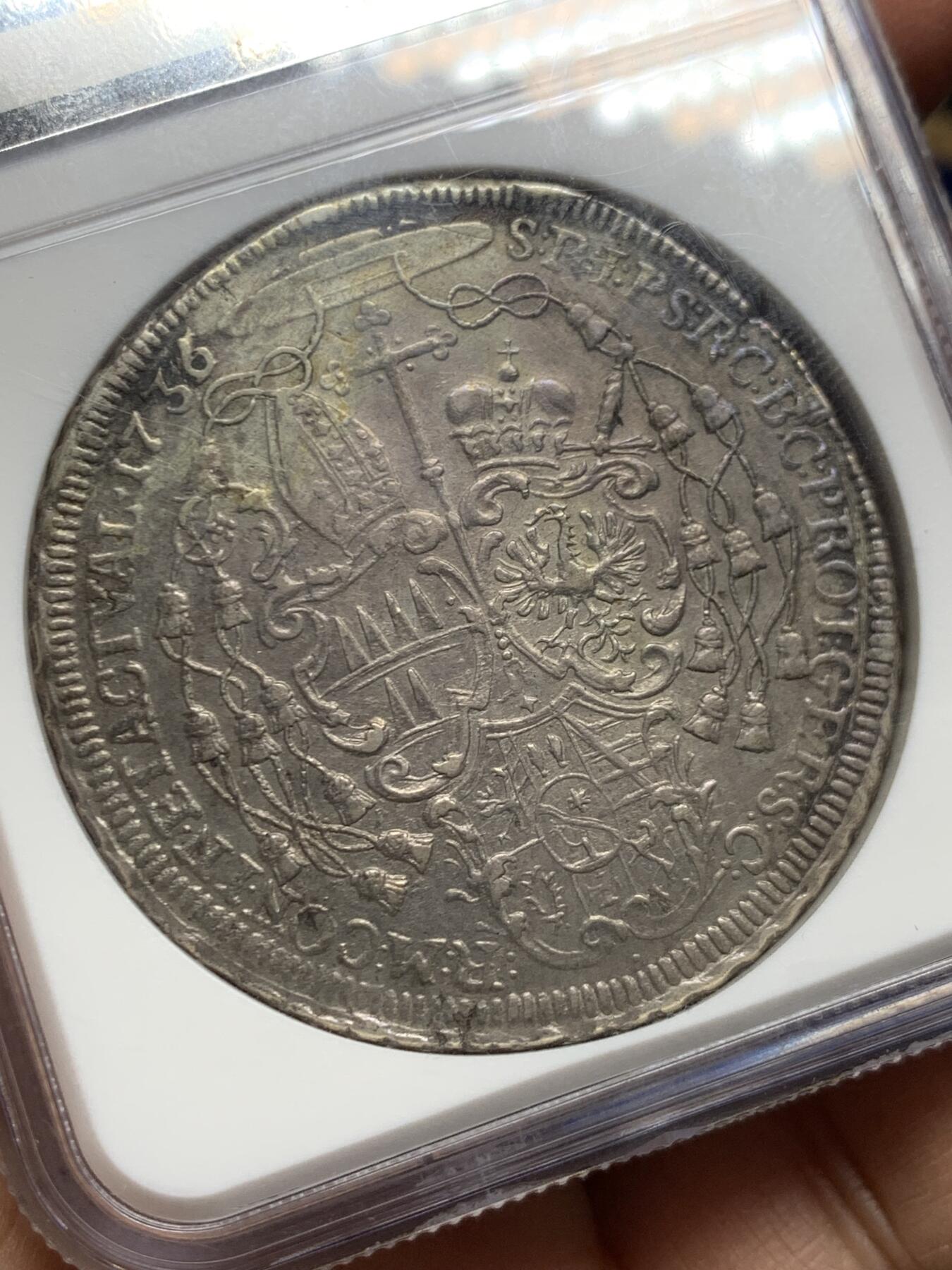 《竞宝斋》第462场 周日，周一，2场连拍 （全场包邮）欢迎送拍 NGC XF 奥尔米茨主教区 1736/5 泰勒银币 罕见骑字版