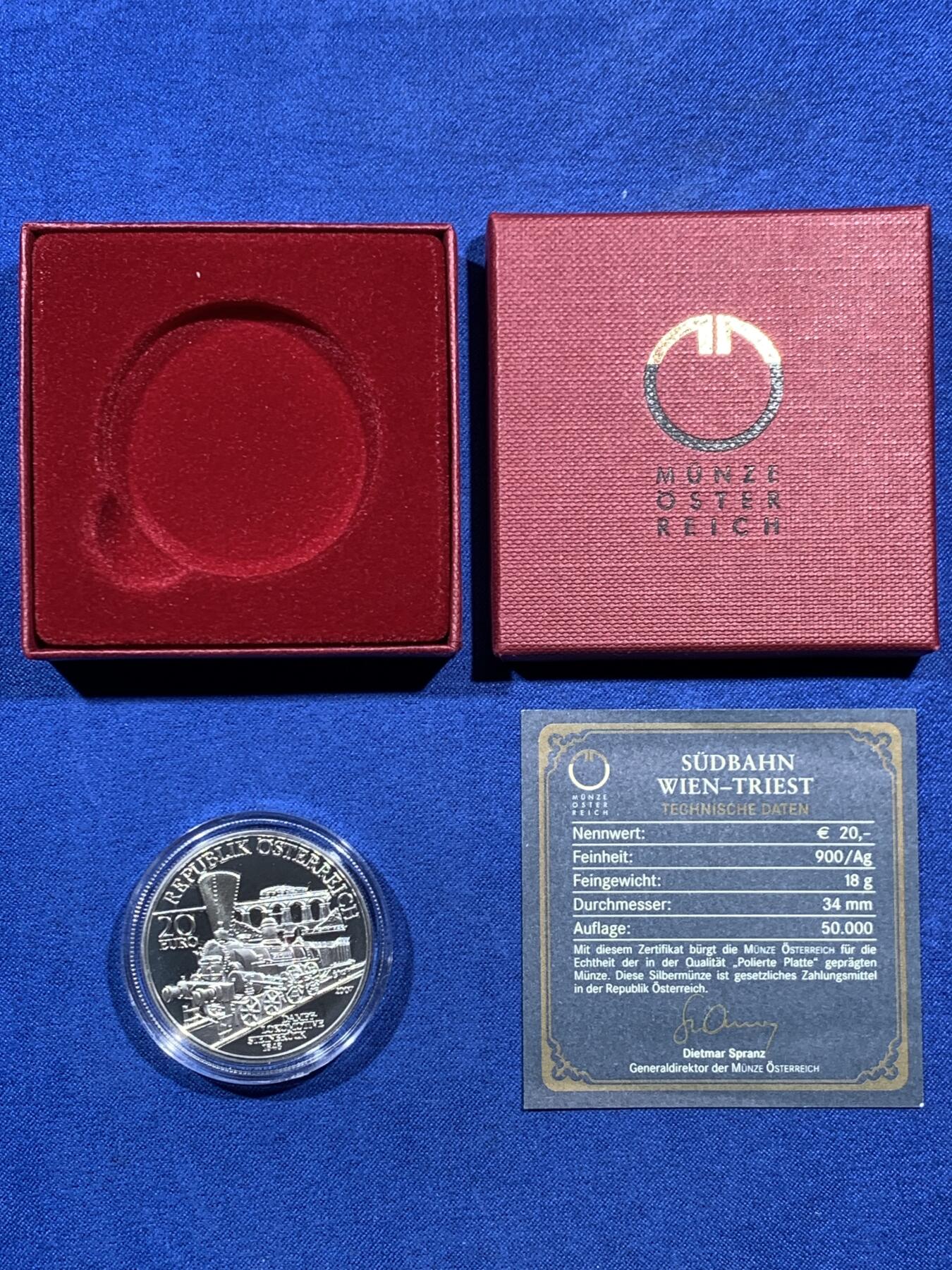 《竞宝斋》第462场 周日，周一，2场连拍 （全场包邮）欢迎送拍 奥地利2007年维也纳-的里雅斯特南部铁路20欧元银币 900银 18克 34mm 带盒证