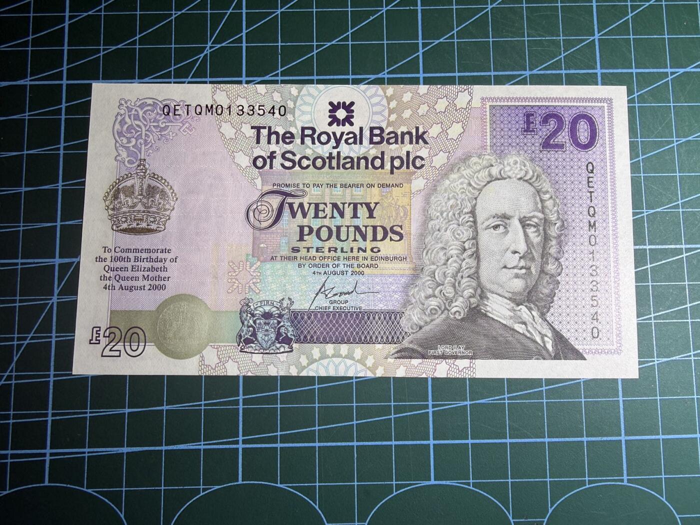 【炜奕收藏】，第五十八期，英属第三场 2000年苏格兰皇家银行20镑纪念钞，UNC品相