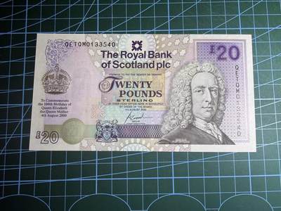 【炜奕收藏】，第五十八期，英属第三场 - 2000年苏格兰皇家银行20镑纪念钞，UNC品相