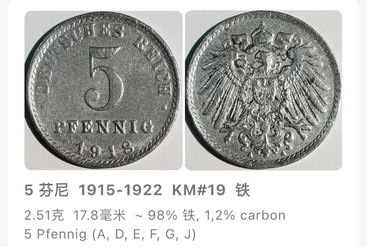 回流0201 德意志帝国1918年5芬尼铁币 长翅鹰