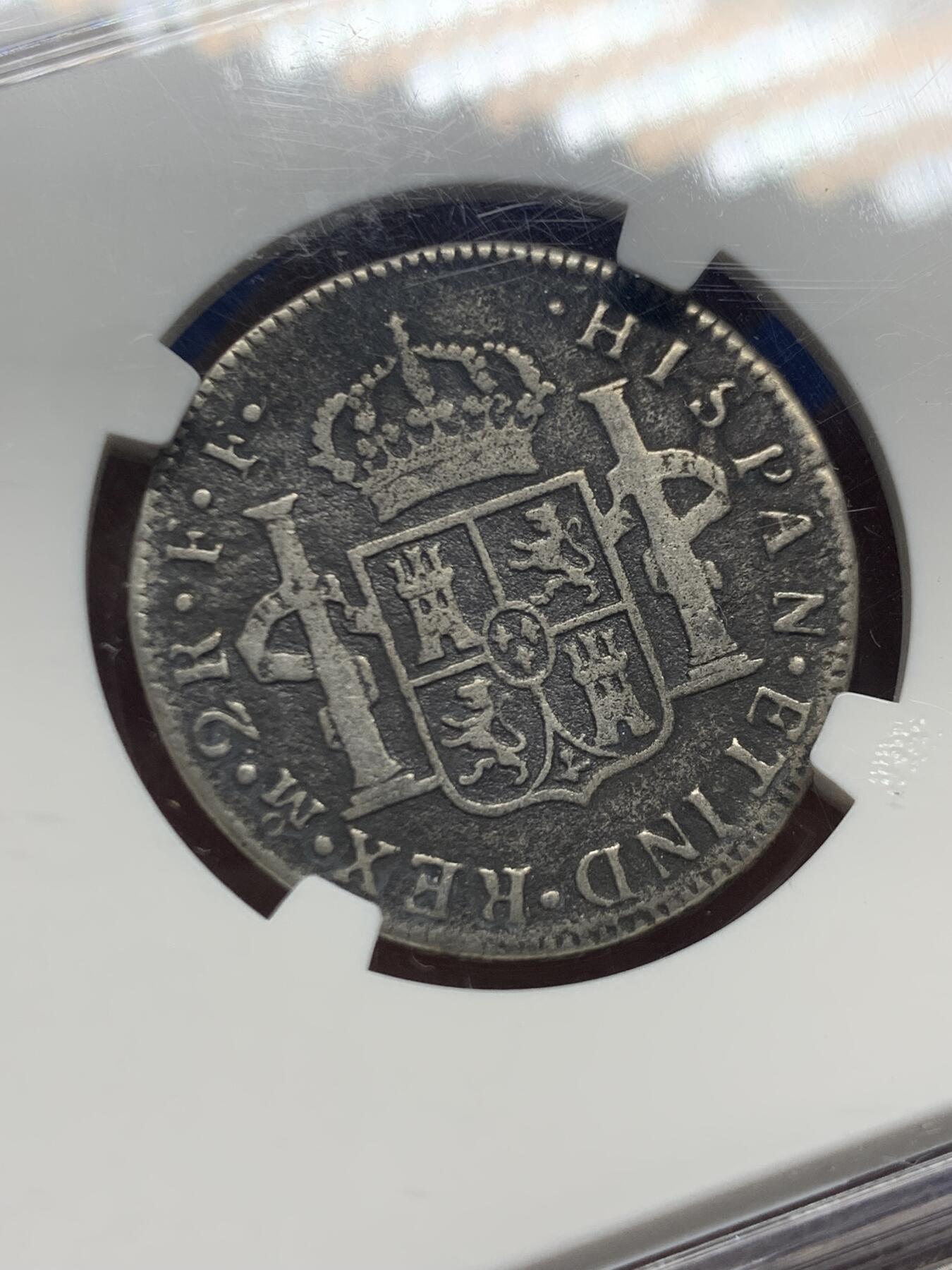 《竞宝斋》第462场 周日，周一，2场连拍 （全场包邮）欢迎送拍 NGC评级 西属墨西哥1778卡三银币2R，来自决定美国路易斯安那州命运的沉船—猎人号，这艘船的海捞币中小面值2R比8R少见的多，外拍热门品种国内少见，竞宝斋同品种海捞币曾有1300的成交纪录