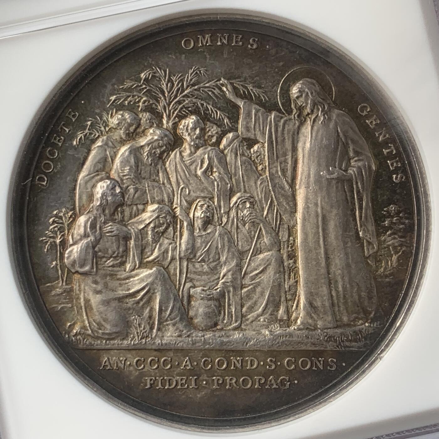 掌中浮雕-藏着的欧洲第051场 NGC MS63 ：1922年梵蒂冈教皇国庇护十一世纪念宣传信仰圣会成立300周年银章 ，43mm