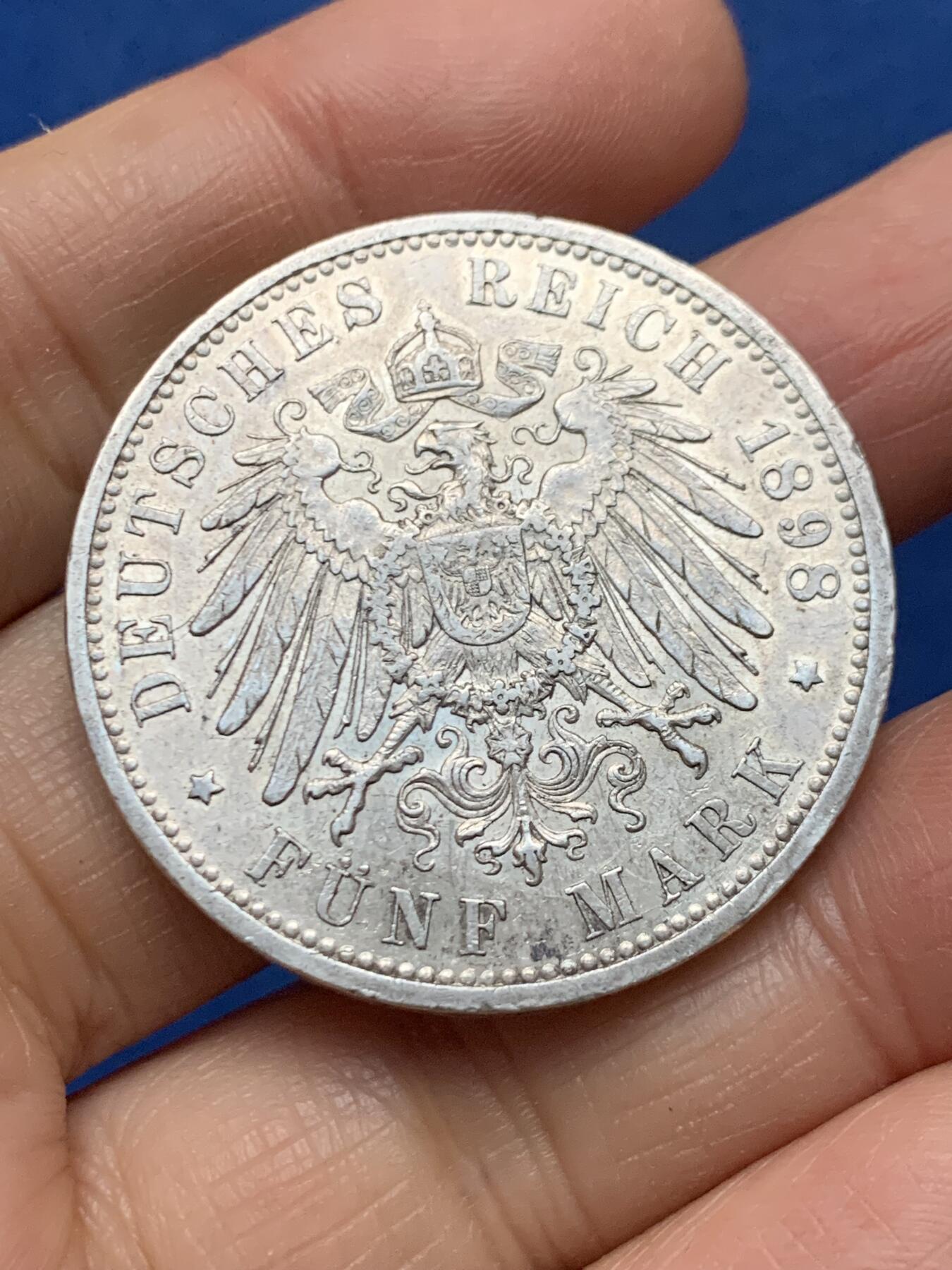 《竞宝斋》第462场 周日，周一，2场连拍 （全场包邮）欢迎送拍 德国普鲁士1898年威廉二世长翅5马克银币