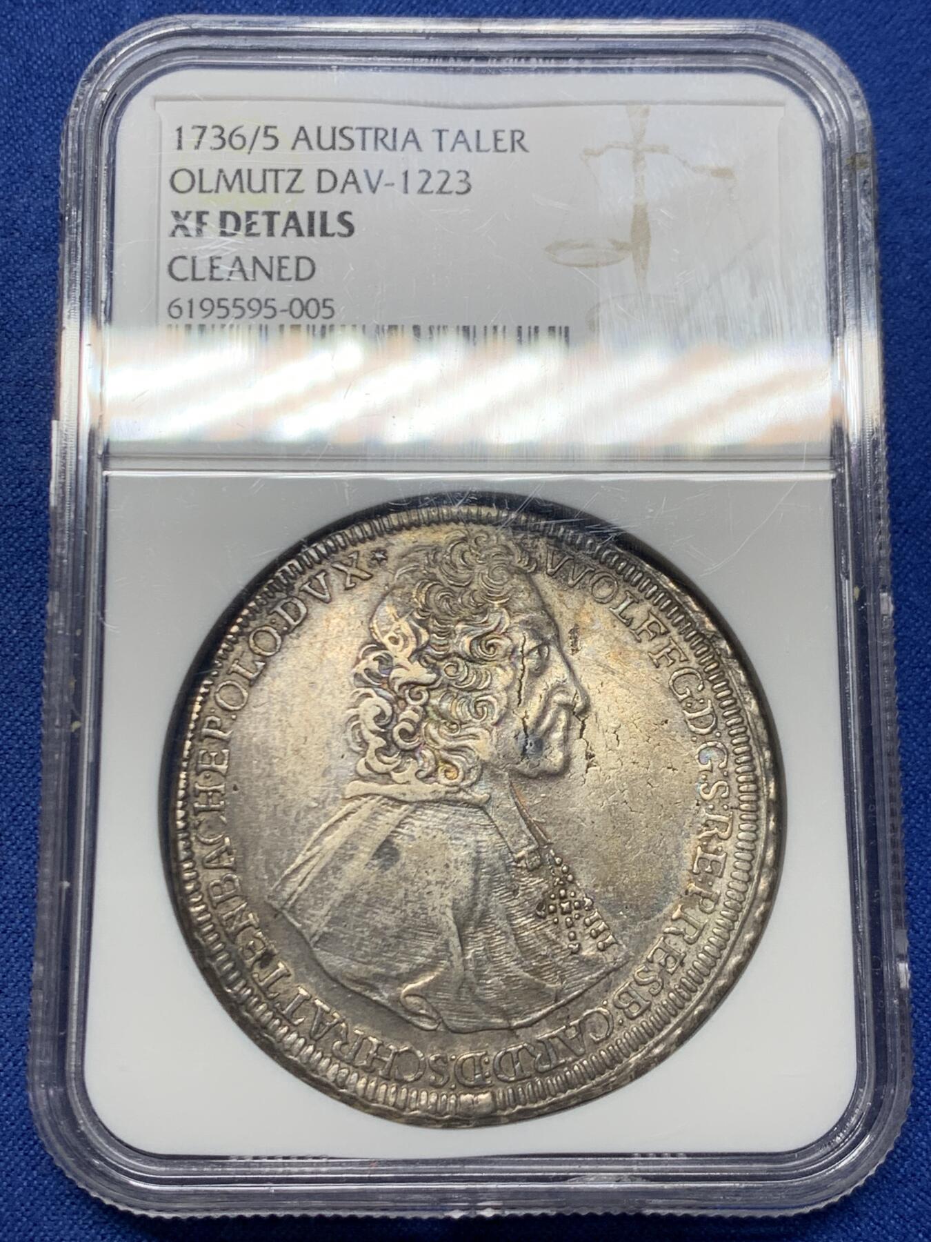 《竞宝斋》第462场 周日，周一，2场连拍 （全场包邮）欢迎送拍 NGC XF 奥尔米茨主教区 1736/5 泰勒银币 罕见骑字版