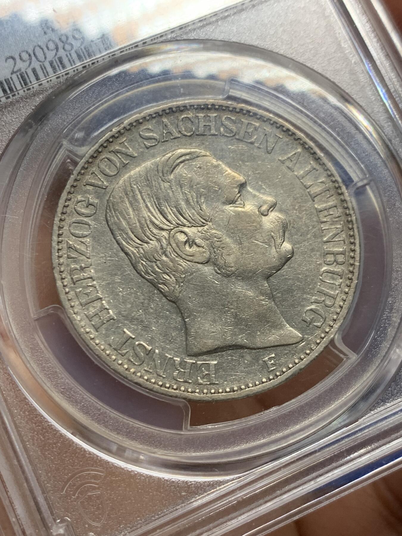 《竞宝斋》第462场 周日，周一，2场连拍 （全场包邮）欢迎送拍 PCGS AU50 萨克森-阿尔滕堡公国 1858 泰勒银币 小邦品种 铸造量仅31872枚 背面支撑小磕