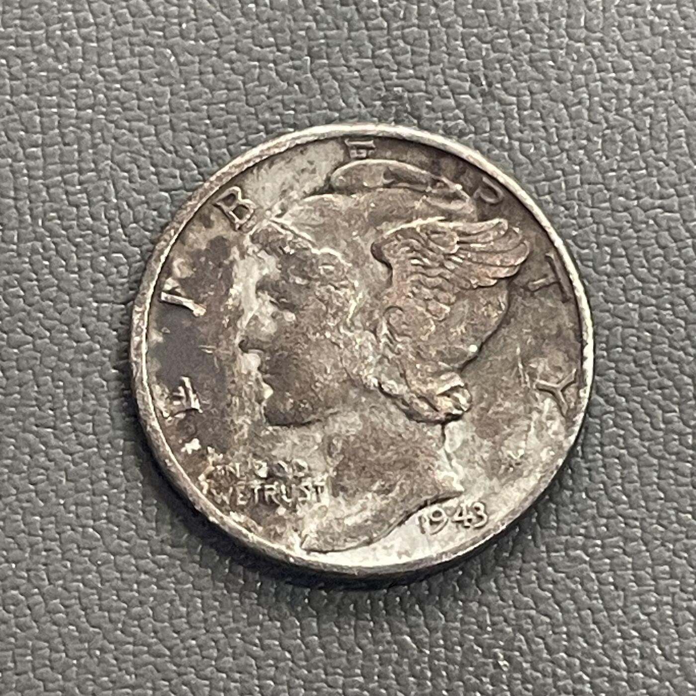 回流0201 美国1943年10美分墨丘利小飞侠银币 银价2.5*0.9*24=54元