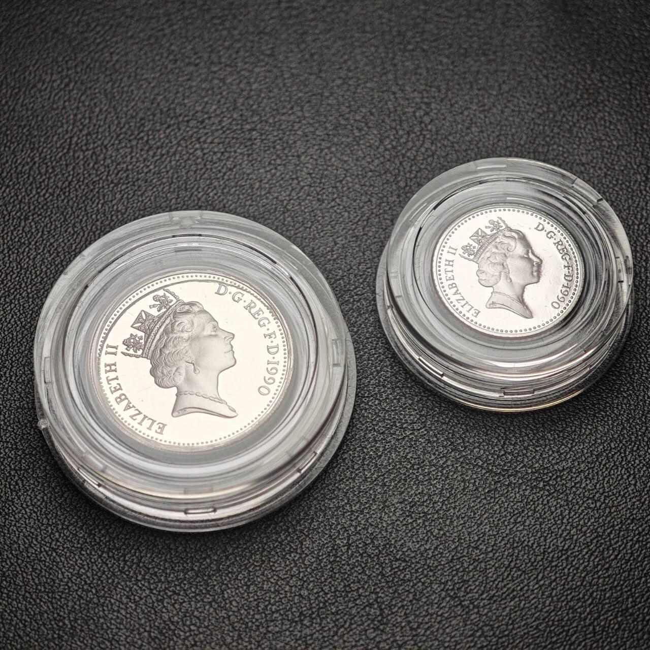 金瓯小拍第三期 古今币章 银价专场 英国5便士1对2枚精制银币1990年 重3.25克+5.65克 状态极佳无氧化硫化 盒证齐全