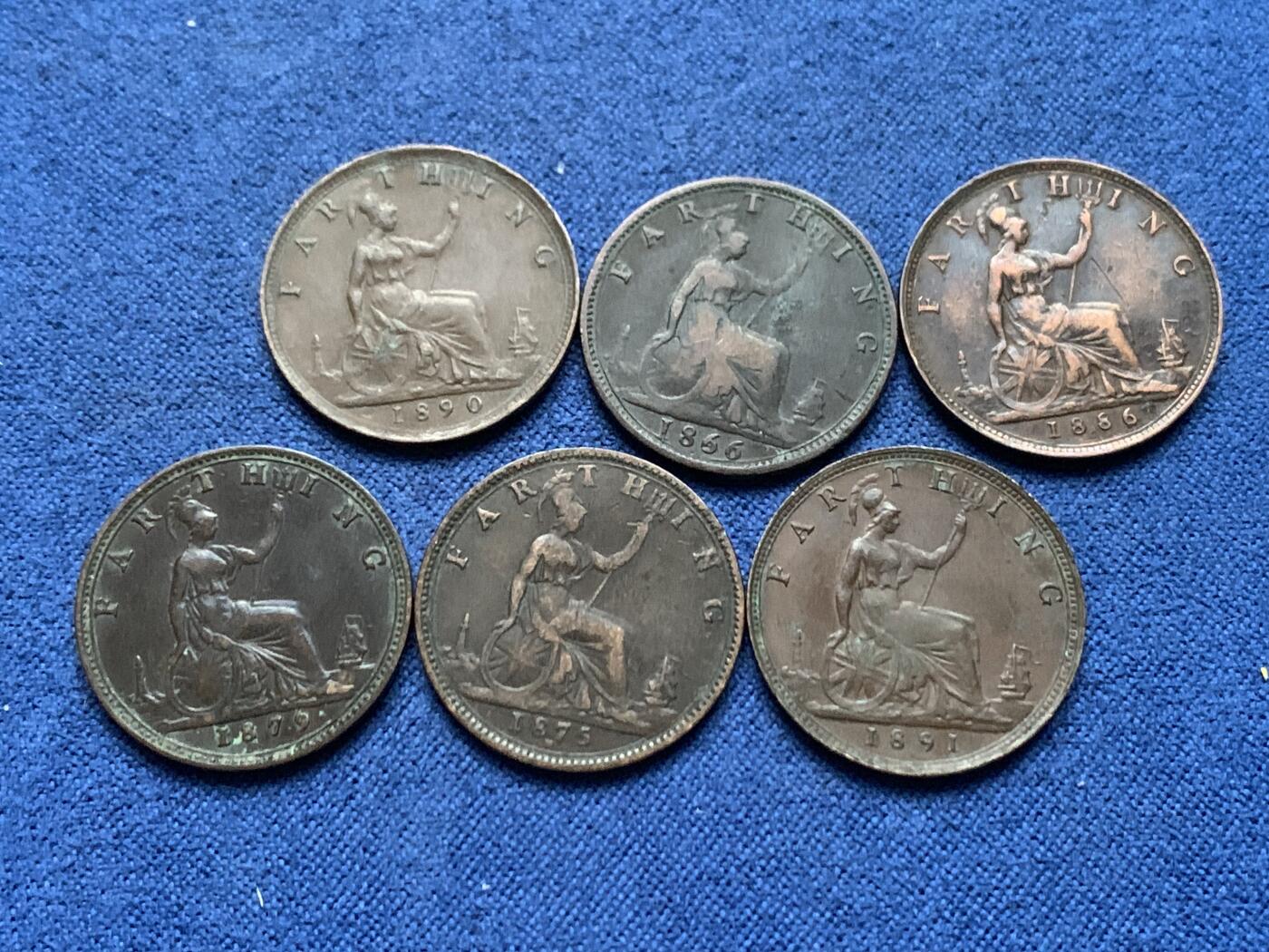 《竞宝斋》第462场 周日，周一，2场连拍 （全场包邮）欢迎送拍 六枚一组 英国1866-1891维多利亚青年到中年肖像法新铜币，颗颗不同，状态精神，收集不易。