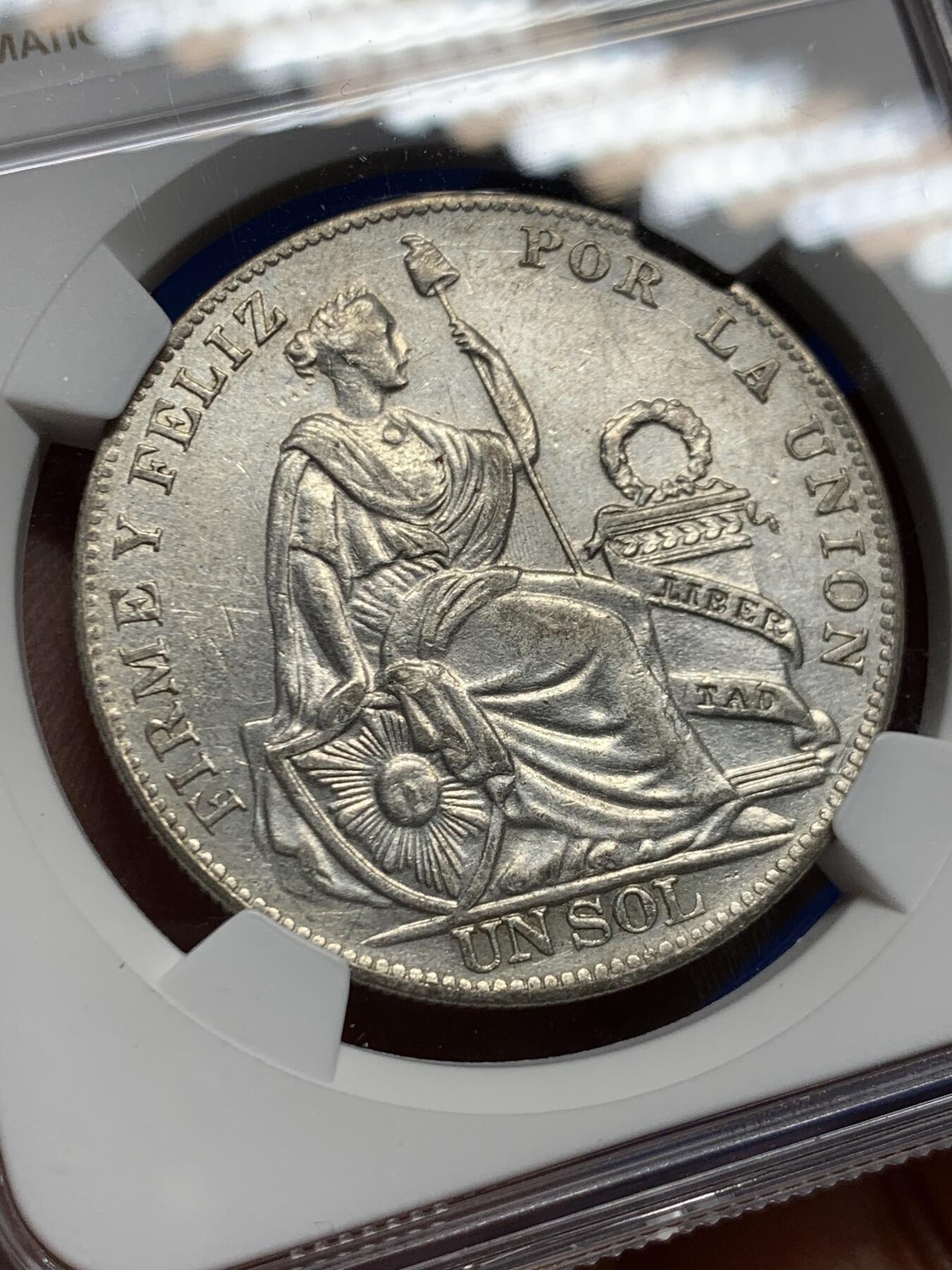 《竞宝斋》第462场 周日，周一，2场连拍 （全场包邮）欢迎送拍 NGC AUD 秘鲁 1934年 女神 1索尔 银币