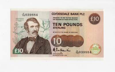 徐霞客拍卖首拍 - 	苏格兰/克莱斯勒戴尔银行	P-214 1988年10镑		au+				D/TM 039884	苏格兰私人发钞行的独有品种。它唯一以探险家大卫·利文斯通为币面人物，背景标注其非洲探险路线图，保留“承诺按需兑换”的古老金融表述与专属编号系统，见证苏格兰探险精神与金融传统			