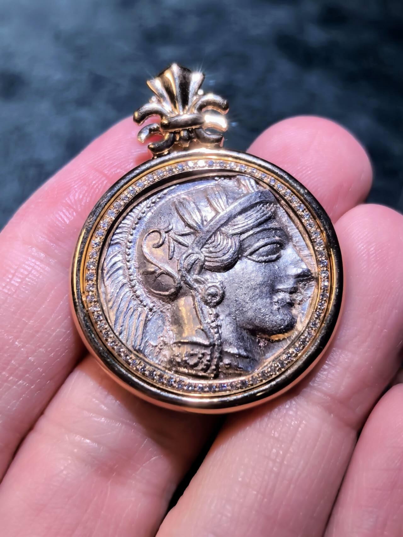 古希腊雅典娜猫头鹰翻转款古币吊坠