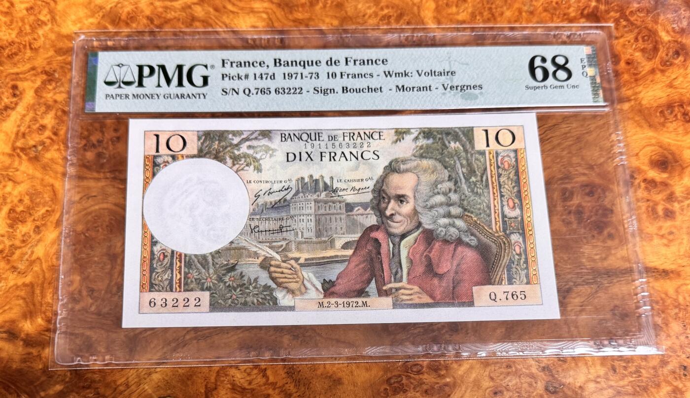 得物收藏 Chase Auction 第35期 - - 外钞、银元、民国钞和人民币混合场！持续更新中！ 1971年法国10法郎，伏尔泰，豹子号，PMG68！