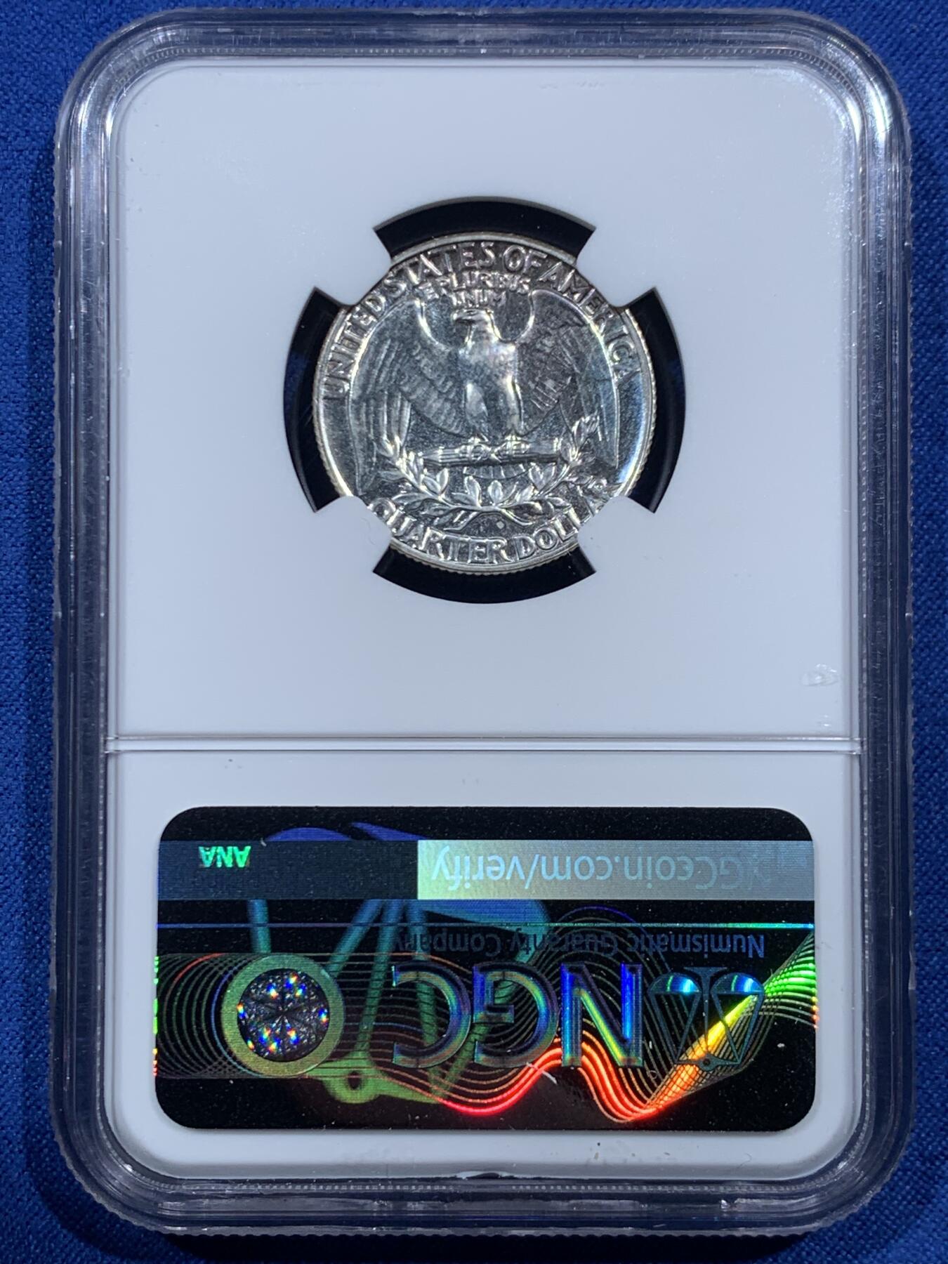 《竞宝斋》第462场 周日，周一，2场连拍 （全场包邮）欢迎送拍 NGC PF64 美国1958年 华盛顿 25分 精制银币