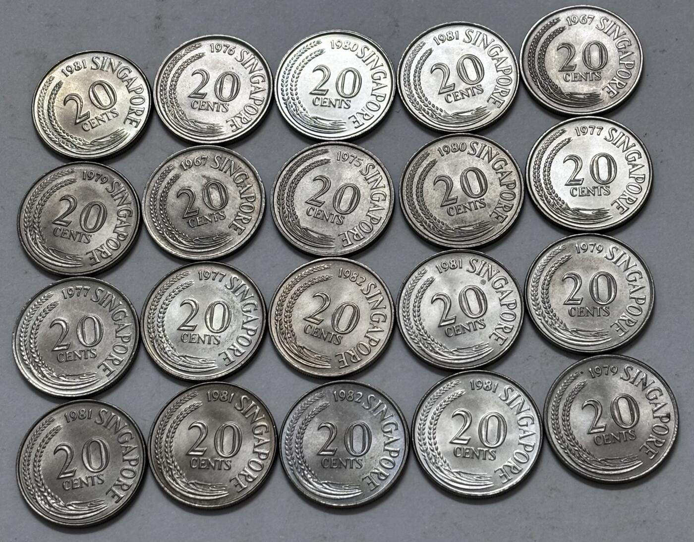 文馨钱币收藏 2026新年第五场（第 291 场）【长期接代拍品】 几乎全新新加坡 1967-1982 年 20 分剑鱼一组 20 枚