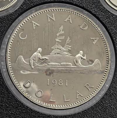 外国优质老铜币高银银币，周六九点倒数截拍，满百包邮，持续收拍 - 精制1981 年加拿大大1 元，正面为伊丽莎白二世头像，背面饰原住民与欧洲人共划独木舟图案，见证加拿大探索史。光泽温润，品相完好，是加拿大标志性主币，属英联邦货币收藏精品，兼具历史与收藏价值。