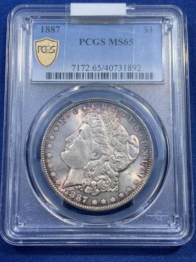 《竞宝斋》第462场 周日，周一，2场连拍 （全场包邮）欢迎送拍 - PCGS MS65 美国1887年摩根1美元银币 淡彩包浆