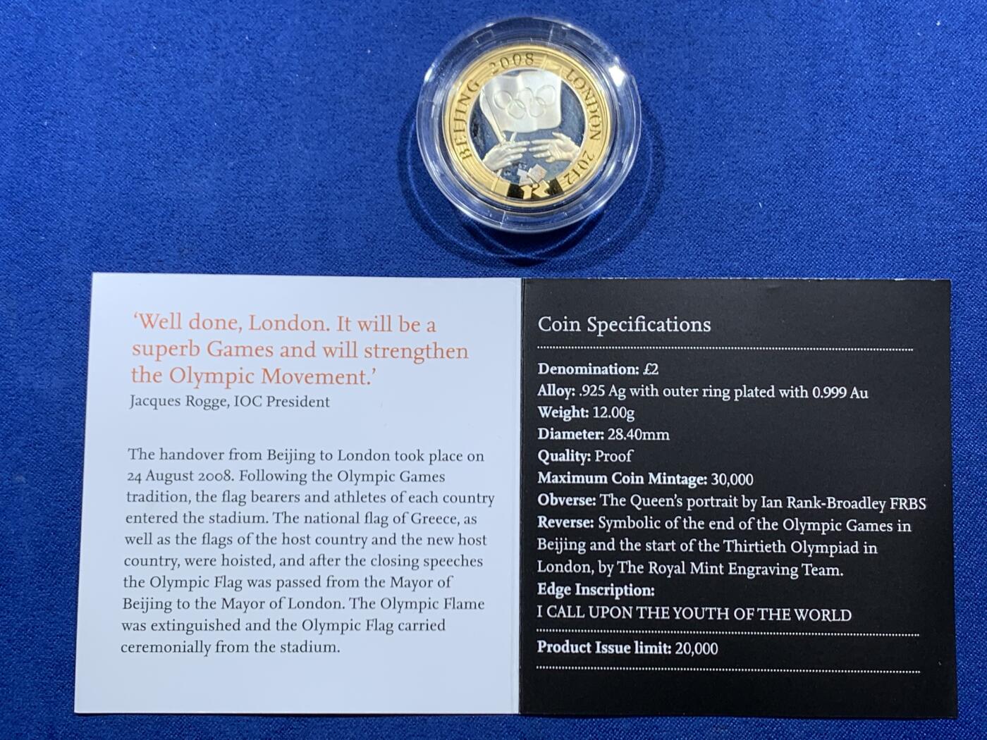 《竞宝斋》第462场 周日，周一，2场连拍 （全场包邮）欢迎送拍 英国2008年奥运会交接仪式2英镑纪念银币 925银 12克 带盒证