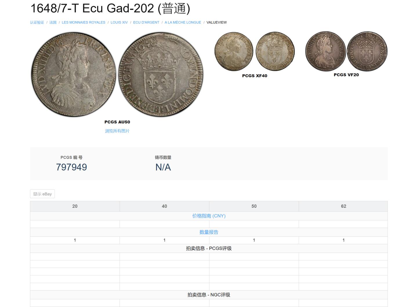 万国钱币拍卖第059期 PCGS MS62 1648/7年法国太阳王路易十四1埃居大银币 南特厂铸造 罕见厂别+骑字年份 PC唯一冠军 亚军就是AU50 原味青灰包浆转光底板 难以超越的顶级收藏品质