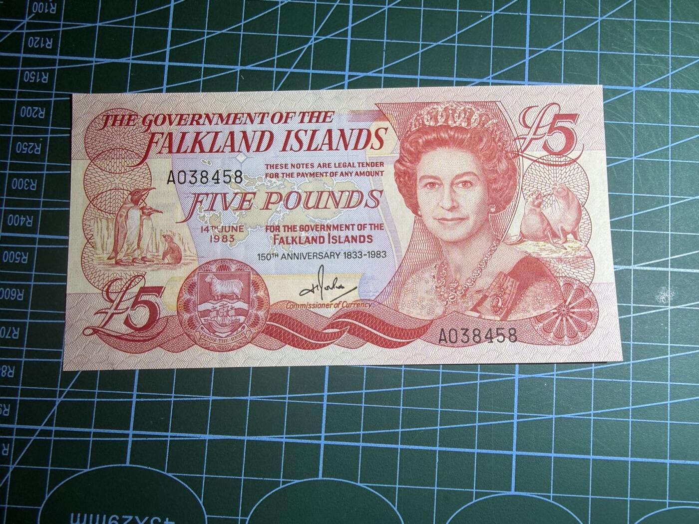 【炜奕收藏】，第五十八期，英属第三场 1983年福克兰群岛5镑纪念钞，UNC-品相，A冠