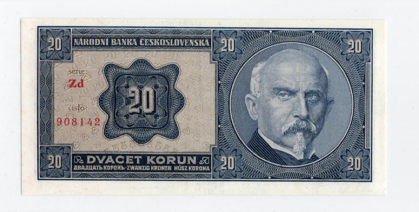 徐霞客拍卖首拍 	捷克斯洛伐克	P-21 1926年20克朗	Zd 908142 au 人物扬·阿莫斯·考门斯基为核心设计主体，背景搭配国家银行标识与几何纹样，整体纹样精细、布局规整。防伪层面采用手工雕刻人像工艺，辅以精细底纹防伪技术，同时设置红黑双色编码，多重工艺结合提升防伪性能，契合当时的货币制作工艺水平。	