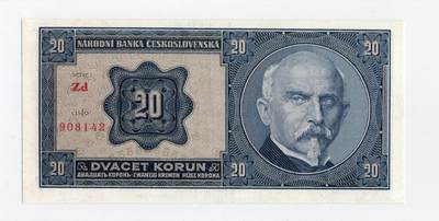 徐霞客拍卖首拍 - 	捷克斯洛伐克	P-21 1926年20克朗	Zd 908142 au 人物扬·阿莫斯·考门斯基为核心设计主体，背景搭配国家银行标识与几何纹样，整体纹样精细、布局规整。防伪层面采用手工雕刻人像工艺，辅以精细底纹防伪技术，同时设置红黑双色编码，多重工艺结合提升防伪性能，契合当时的货币制作工艺水平。	