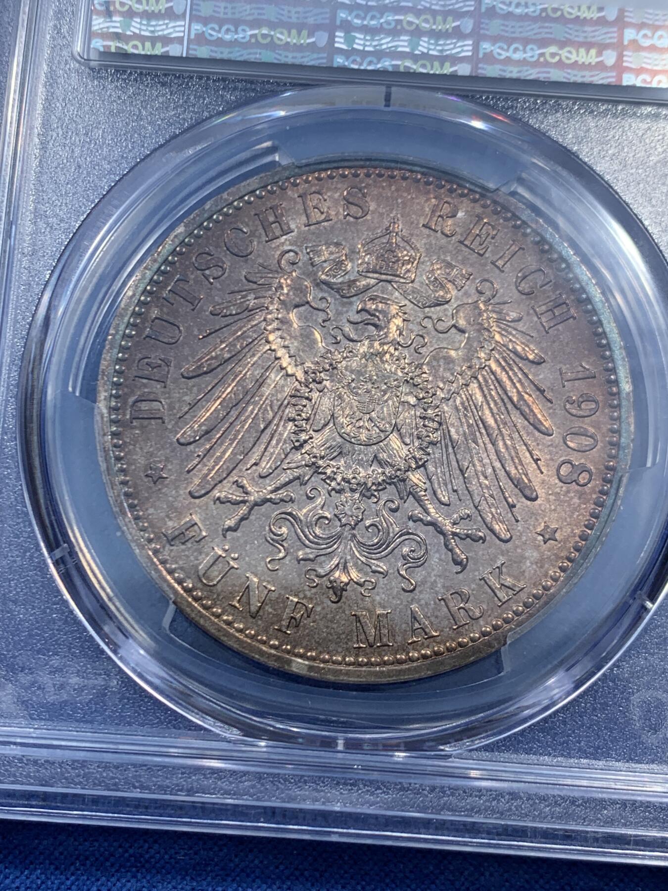 《竞宝斋》第462场 周日，周一，2场连拍 （全场包邮）欢迎送拍 PCGS MS63 德国1908年萨克森耶拿大学建校350周年抹脖子5马克银币 五彩包浆