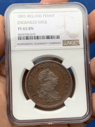 《竞宝斋》第462场 周日，周一，2场连拍 （全场包邮）欢迎送拍 - NGC PF65BN 爱尔兰 1805 乔三竖琴1便士大铜精铸 Küchler雕模，SOHO出品，运用了当时最先进的蒸汽动力压铸机，现代铸币史上的里程碑品种