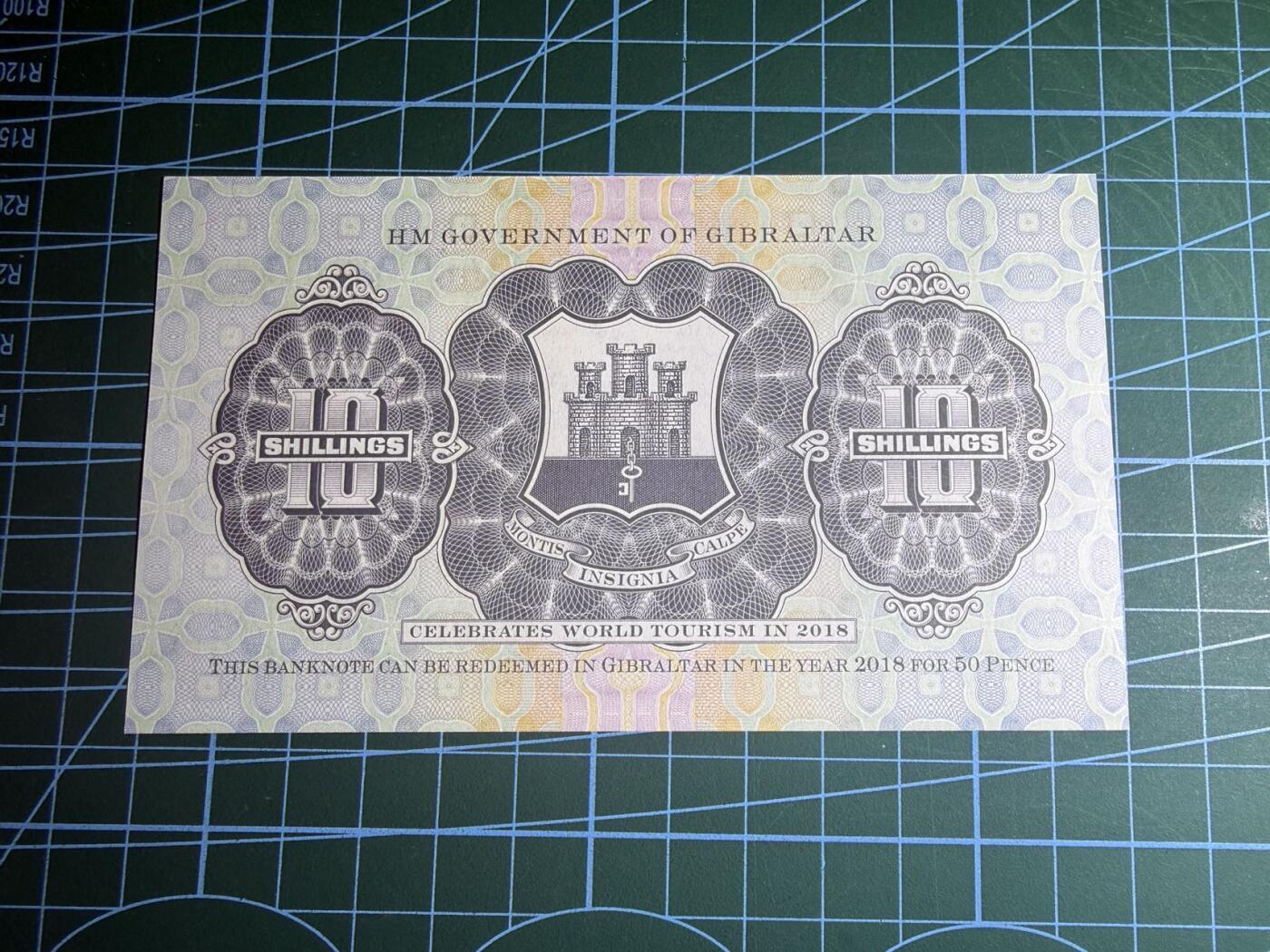 【炜奕收藏】，第五十八期，英属第三场 2018年直布罗陀10先令纪念钞，UNC品相，号码无47