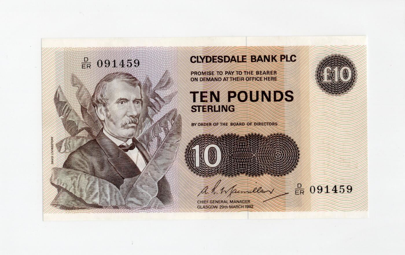 徐霞客拍卖首拍 苏格兰/克莱斯勒戴尔银行	P-213a 1982年10镑		D/ER 091459	unc-	纸币是苏格兰私人发钞行的独有品种，它是唯一以探险家大卫·利文斯通为币面人物的苏格兰纸币，以此致敬其非洲探险与反奴隶贸易的贡献。它保留着“承诺按需兑换”的古老表述，这是苏格兰私人银行券独有的金融遗产，搭配专属编号系统，是苏格兰开拓精神与金融传统的双重见证		