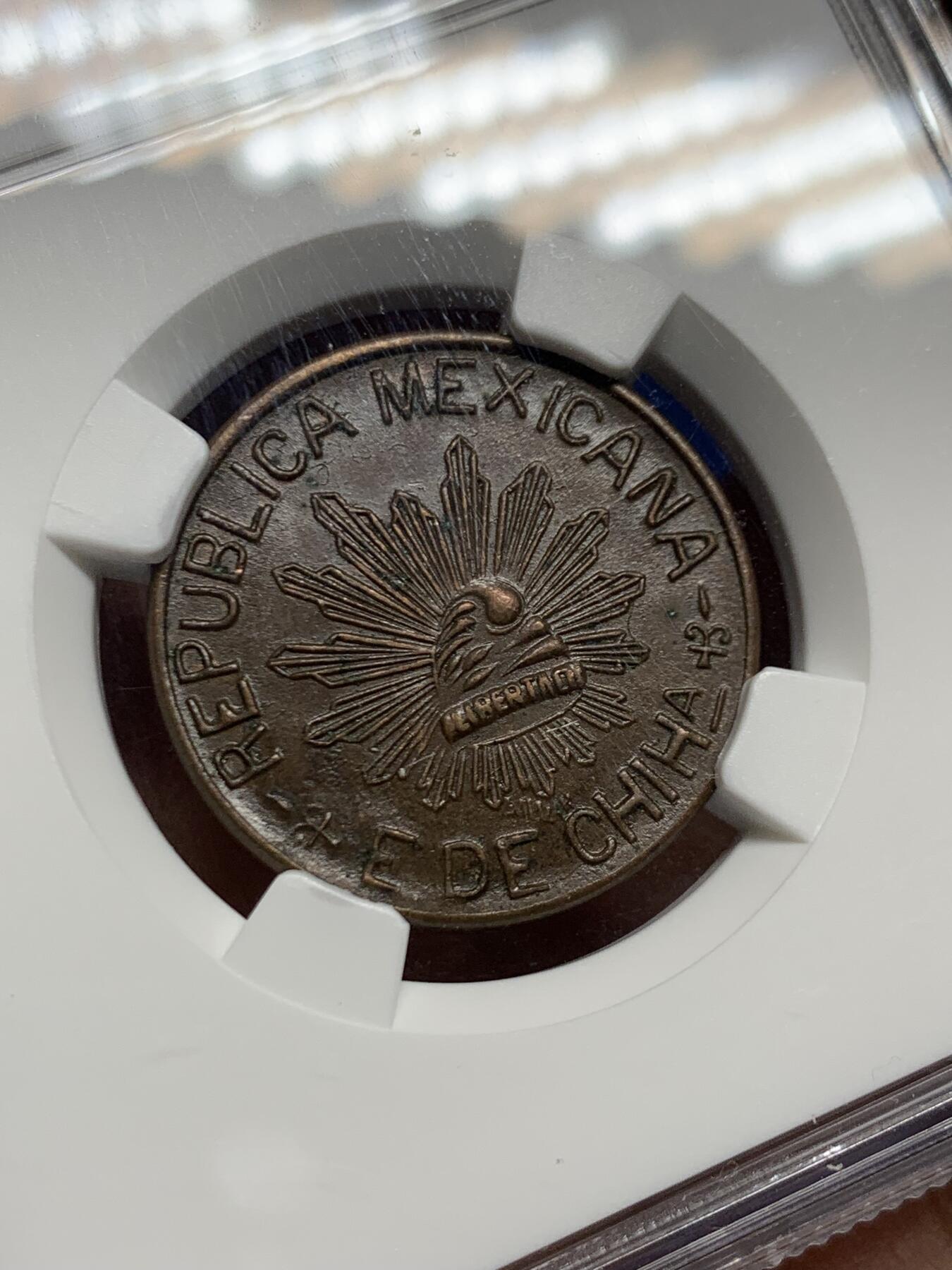 《竞宝斋》第462场 周日，周一，2场连拍 （全场包邮）欢迎送拍 NGC MS63BN 墨西哥1914年革命时期奇瓦瓦5分铜币，十分少见的品种