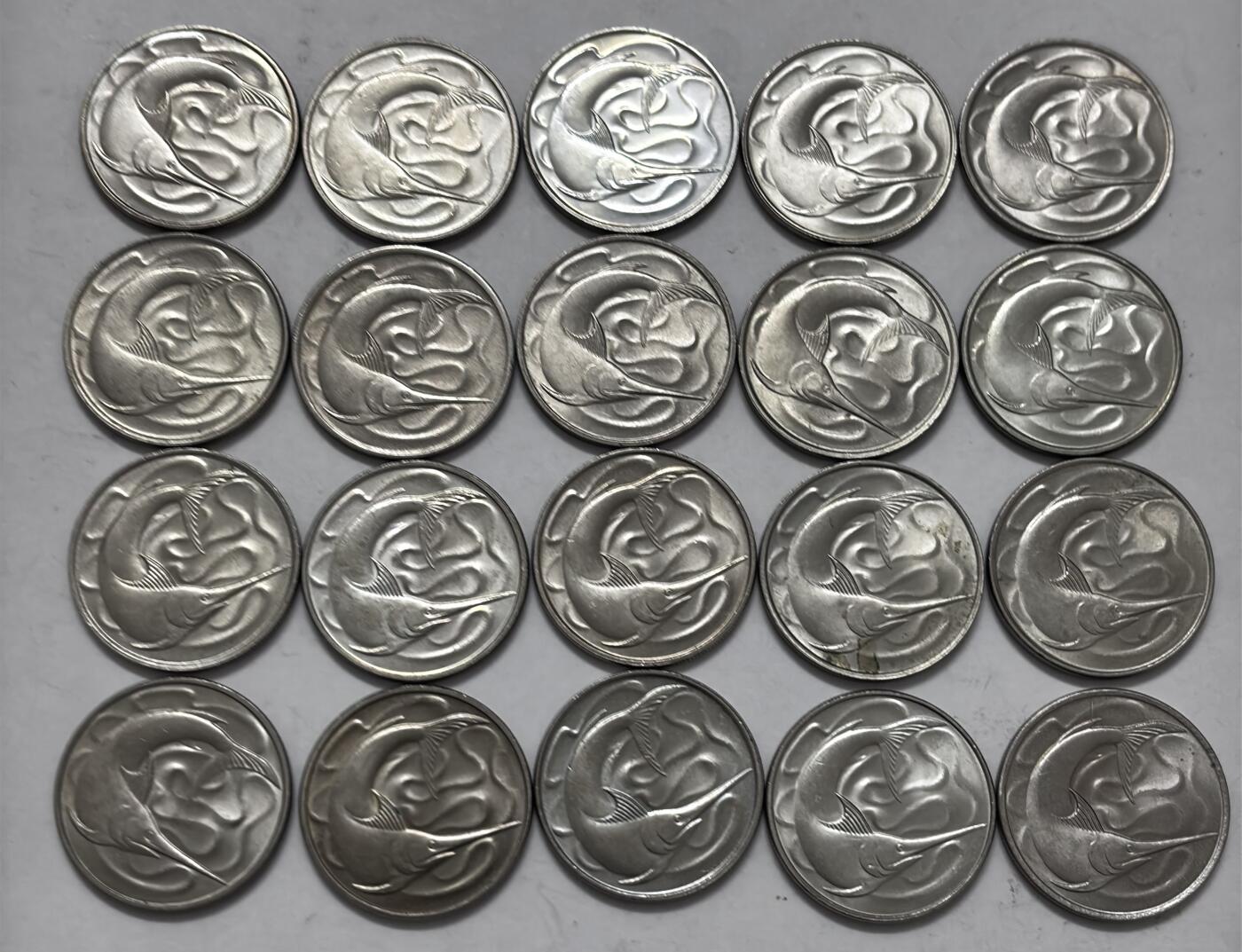 文馨钱币收藏 2026新年第五场（第 291 场）【长期接代拍品】 几乎全新新加坡 1967-1982 年 20 分剑鱼一组 20 枚