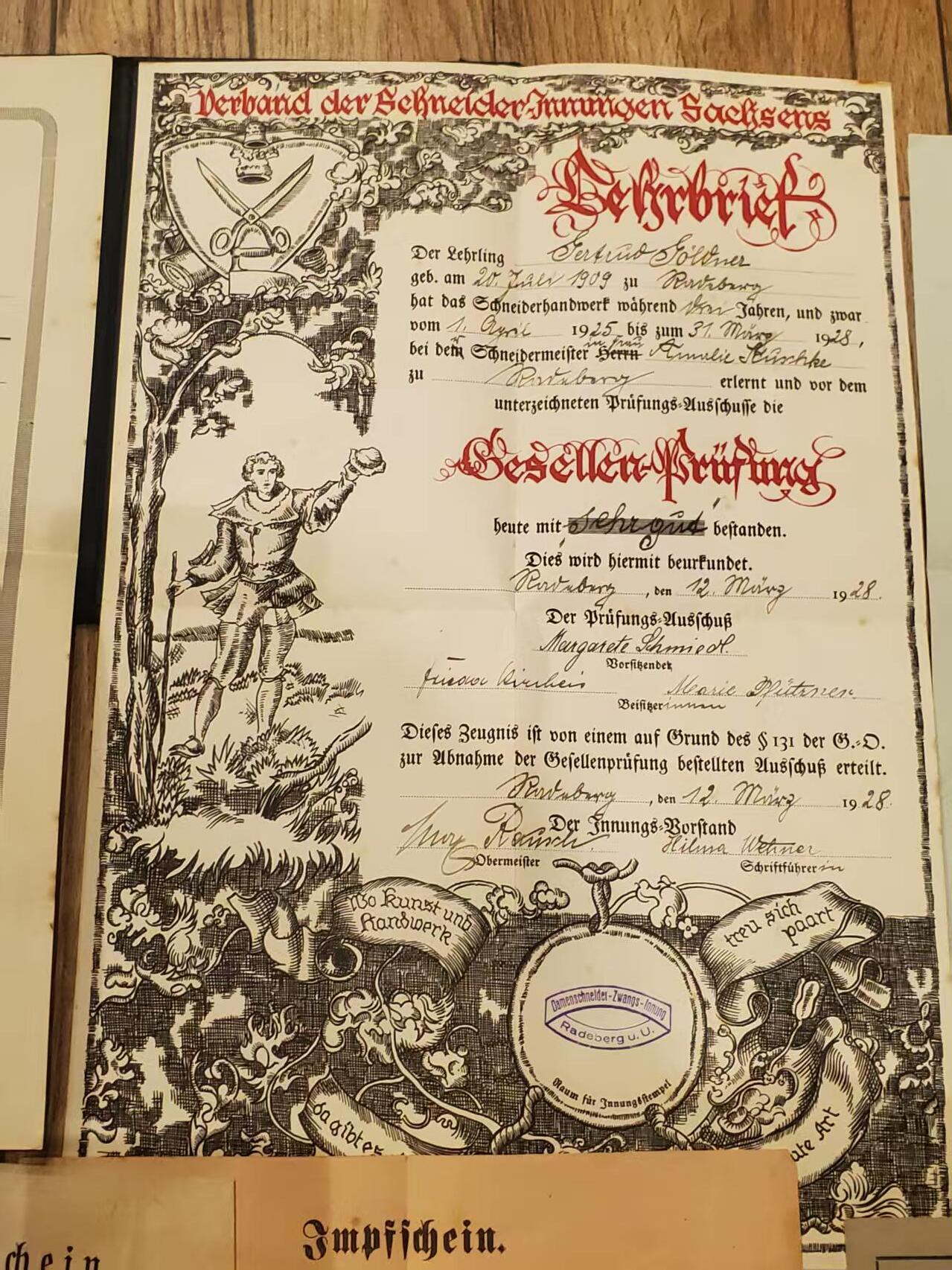 韵星假日拍卖第三十八期 -- Rimey Holidays Auction 38 帝德-魏玛-nazi德国民事服务大全套套证 魏玛时期工艺与裁缝优秀手工者大证书 魏玛时期登记册 帝德魏玛时期信件 文件 nazi德国帝国手工艺术登记局等级证 保存非常完好 纸张均无损