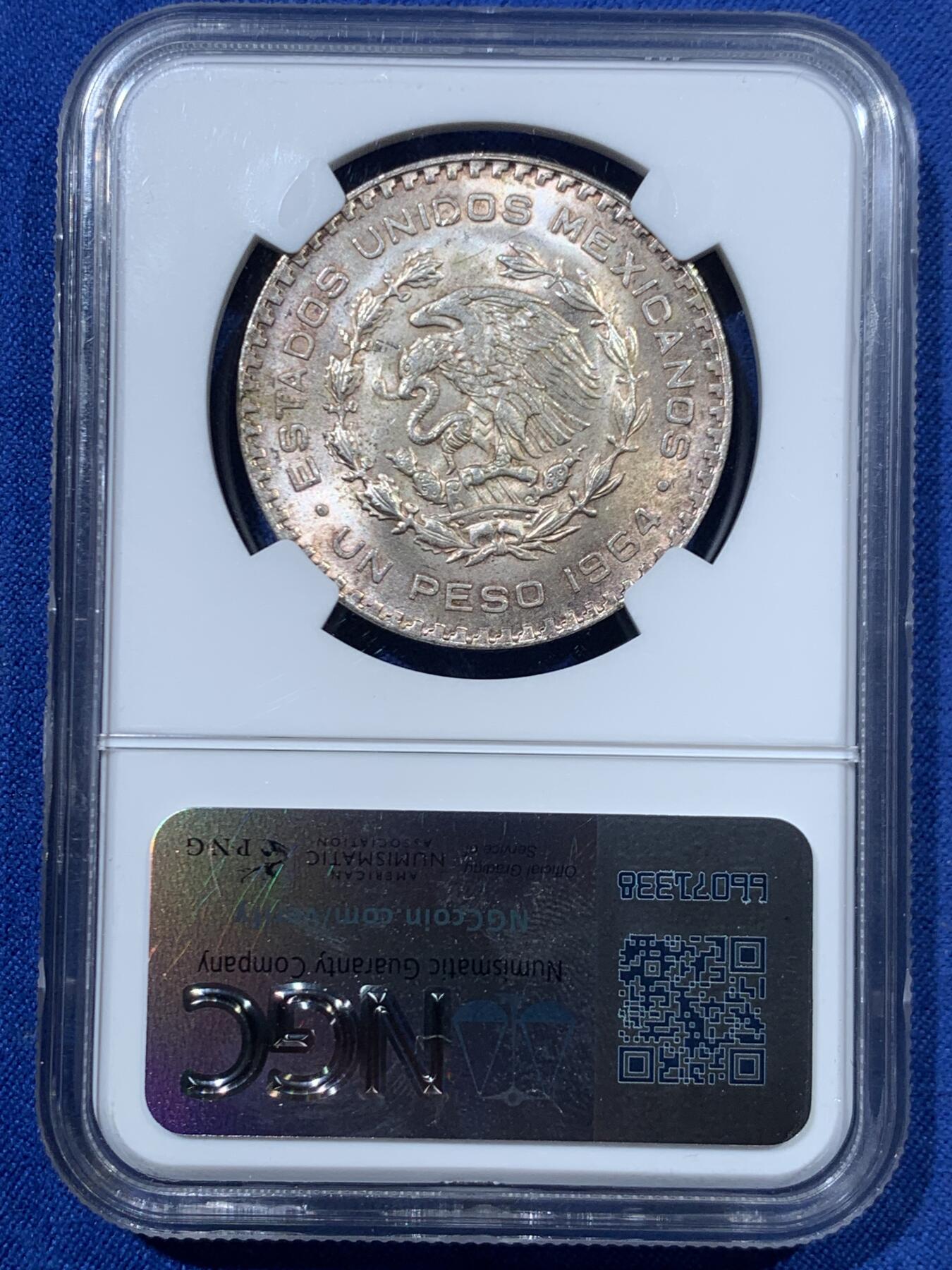 《竞宝斋》第462场 周日，周一，2场连拍 （全场包邮）欢迎送拍 NGC MS65 墨西哥1964年1比索银币，高分带彩漂亮！