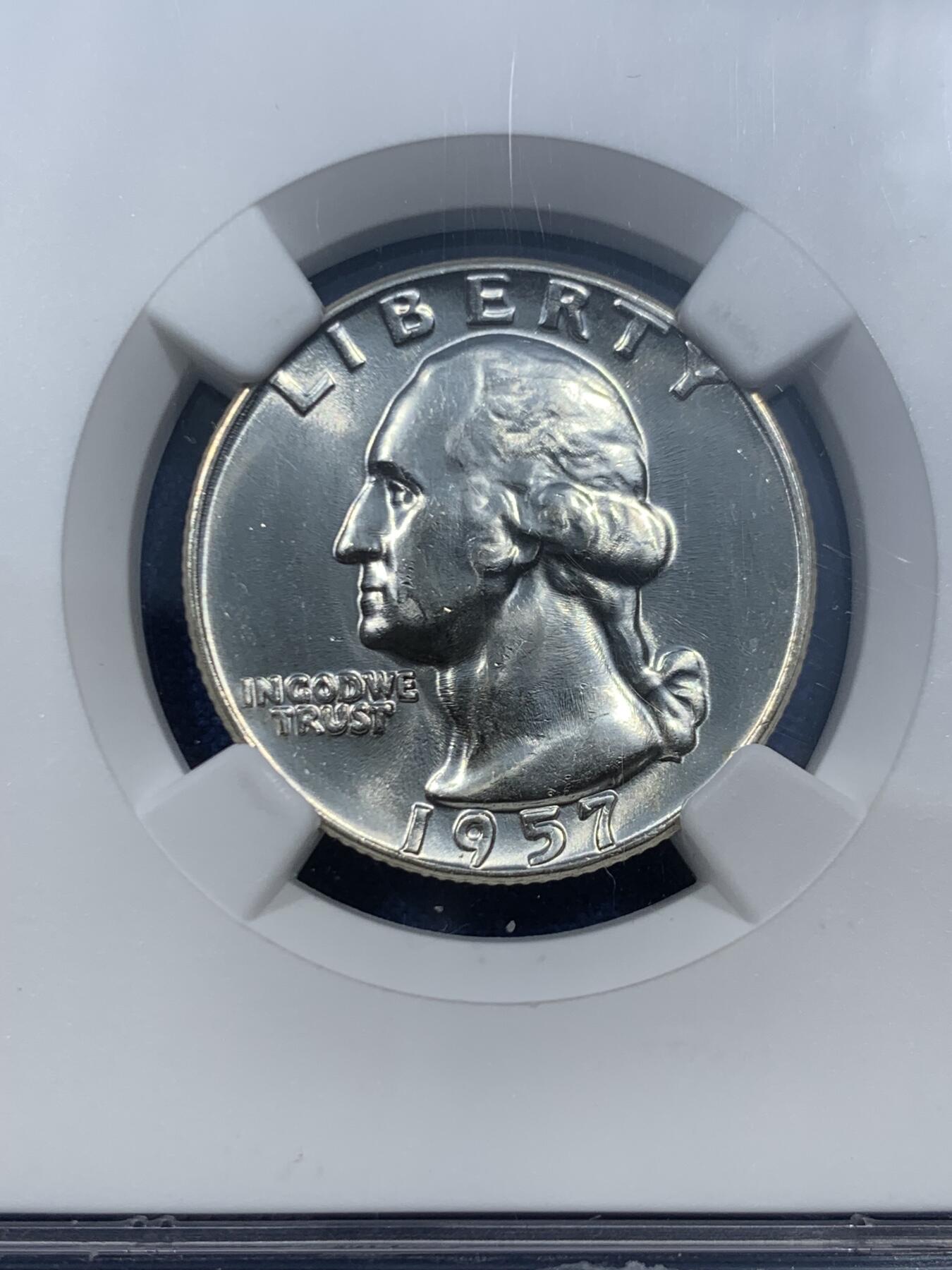 《竞宝斋》第462场 周日，周一，2场连拍 （全场包邮）欢迎送拍 NGC MS64 美国1957年华盛顿头像25分银币 状态非常好