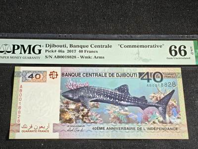 刘世昌艺术品销售中心～虎踞龙蟠*金杨在线联拍群第516期 - 吉布提2017年“独立40周年”40法郎纪念钞【朦胧号】（PMG 66E 号码：AB0018820）1枚。