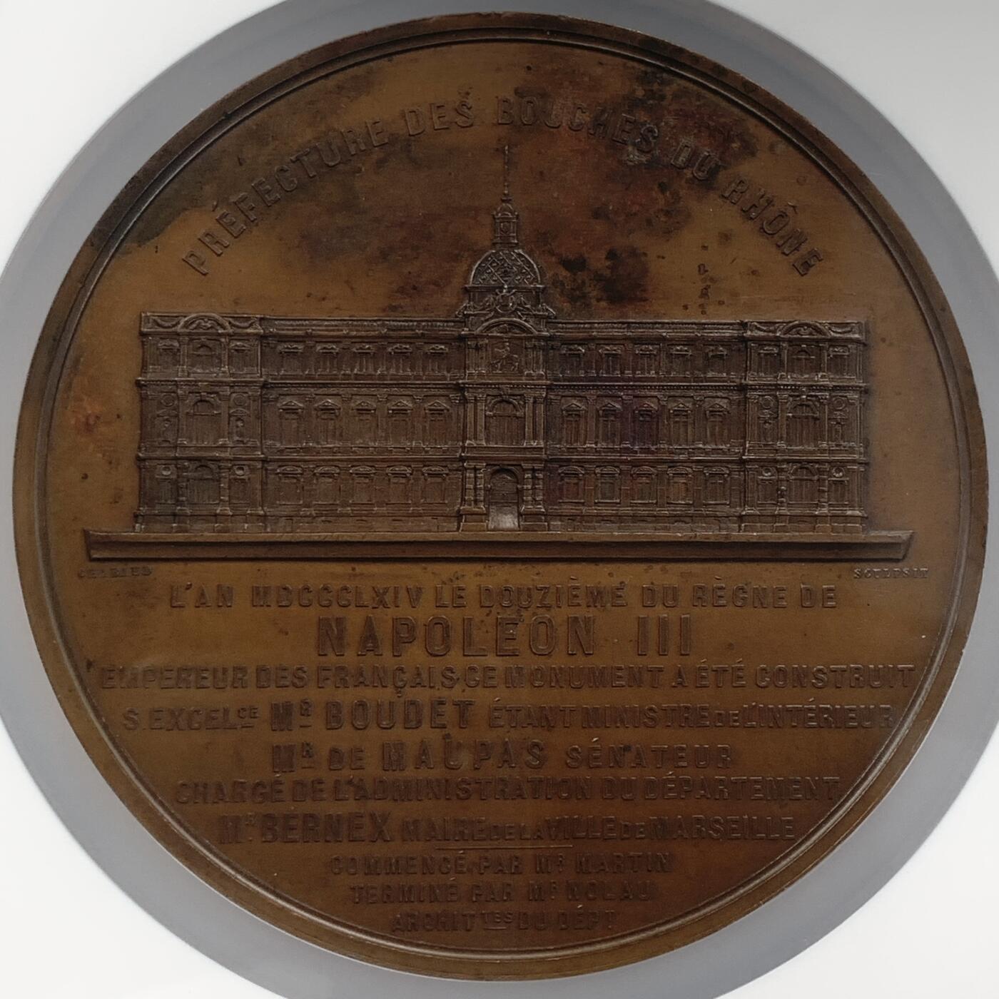 掌中浮雕-藏着的欧洲第051场 NGC MS62 : 1864年法国罗纳省城市建设铜章，90mm，Louis-Félix Chabaud雕刻