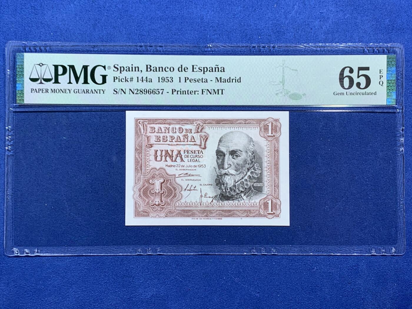 《竞宝斋》第462场 周日，周一，2场连拍 （全场包邮）欢迎送拍 PMG 65EPQ 1953年西班牙早期1比塞塔