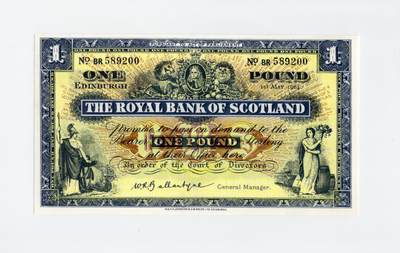 徐霞客拍卖首拍 - 苏格兰/皇家银行	P-325a 1964年1镑	BR589200	unc-	它以守护女神与丰饶女神为左右图案，顶部融合苏格兰纹章与君主肖像，保留“承诺按需兑换”的古老金融表述，搭配专属字母前缀编号		