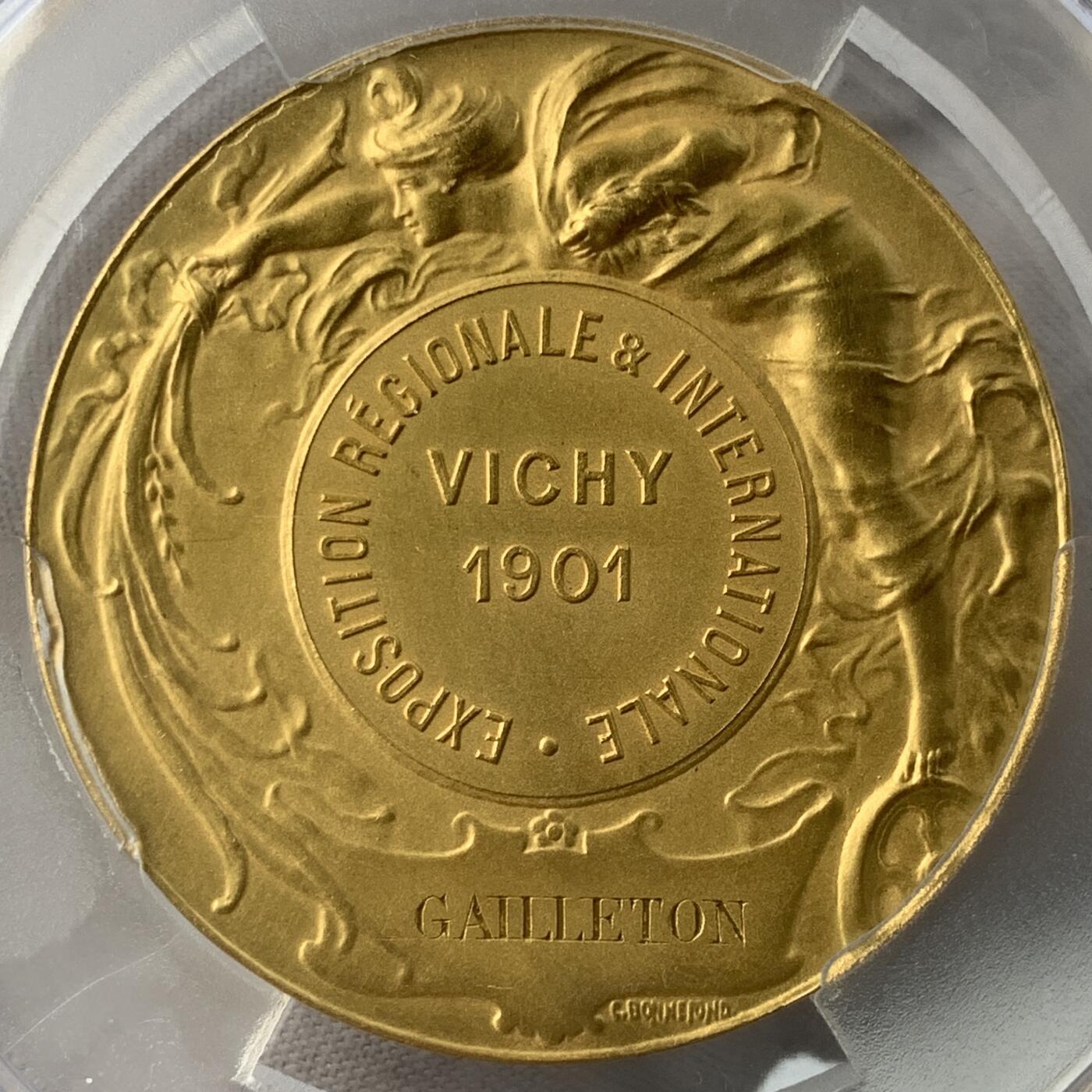 掌中浮雕-藏着的欧洲第051场 1901年法国维希国际展览镀金铜章，50mm