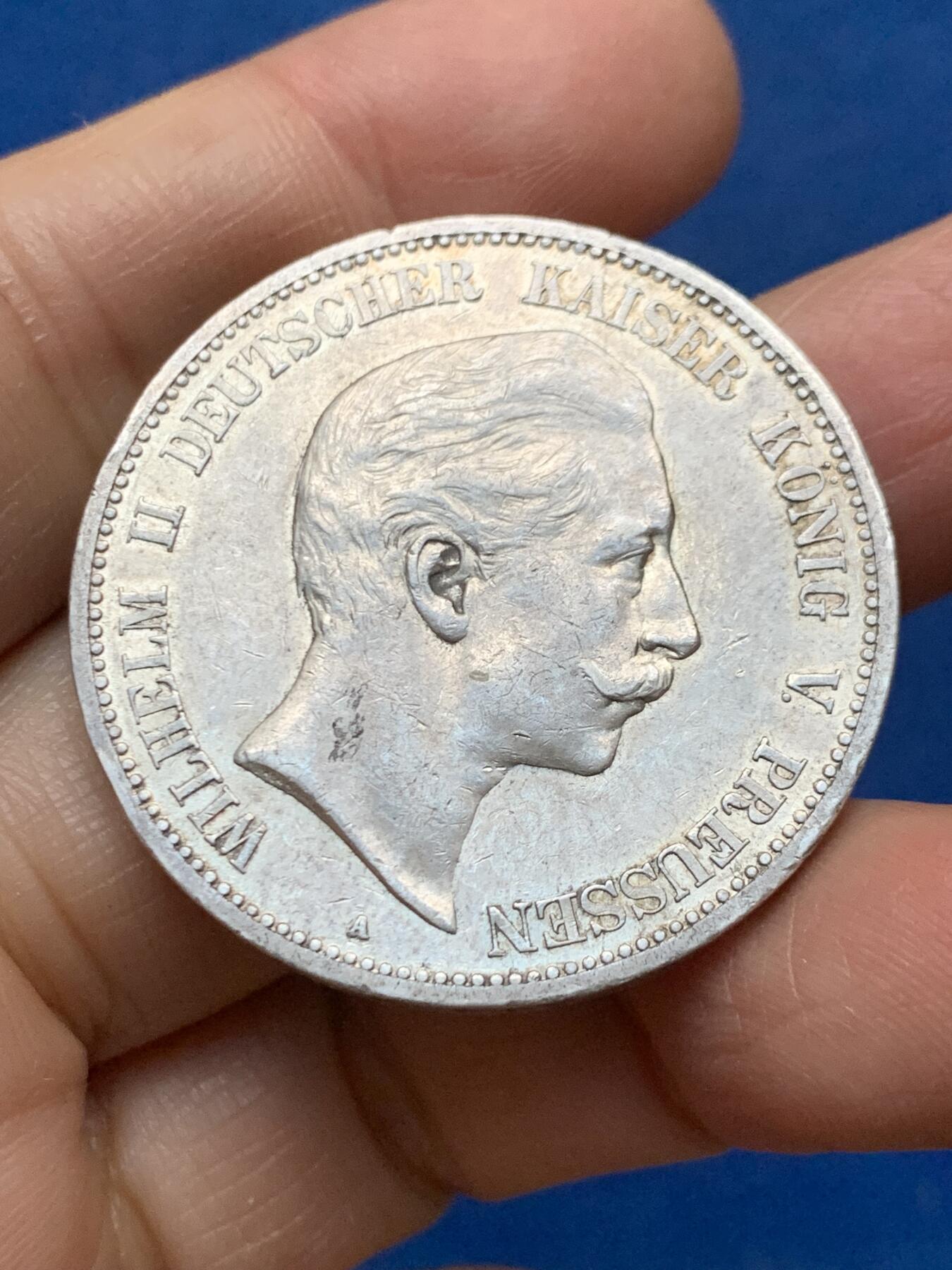 《竞宝斋》第462场 周日，周一，2场连拍 （全场包邮）欢迎送拍 德国普鲁士1898年威廉二世长翅5马克银币