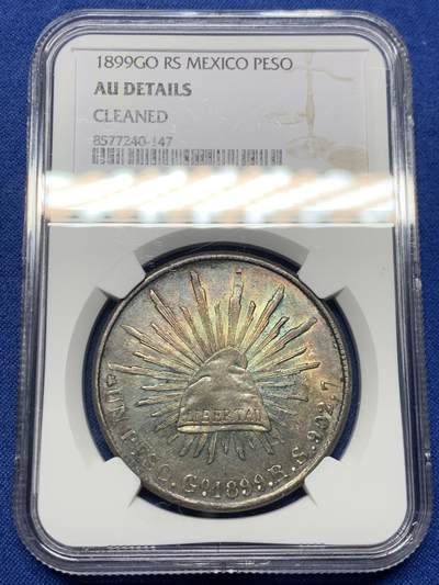 《竞宝斋》第462场 周日，周一，2场连拍 （全场包邮）欢迎送拍 - NGC AUD 墨西哥1899年GORS版比索银币，五彩转光，非常漂亮的彩和状态，不理解为啥没分，可以尝试重评