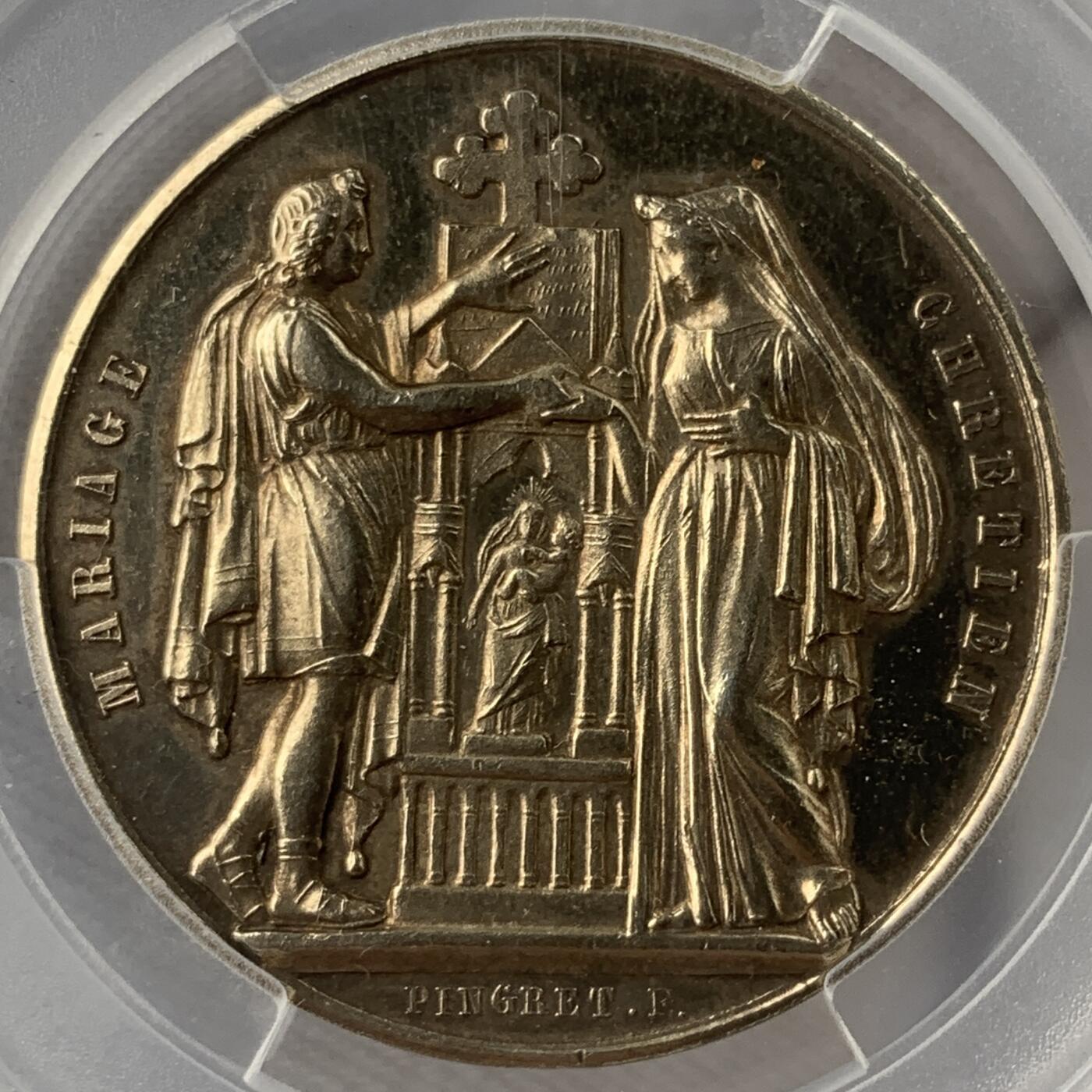 掌中浮雕-藏着的欧洲第051场 1875年法国结婚镀金银章，30mm