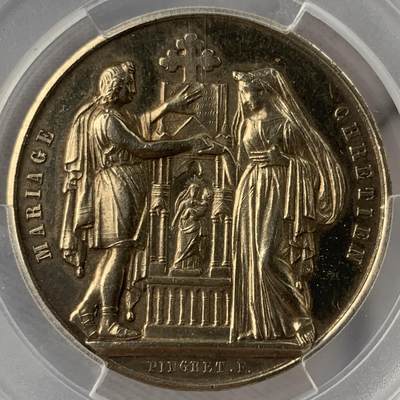 掌中浮雕-藏着的欧洲第051场 - 1875年法国结婚镀金银章，30mm