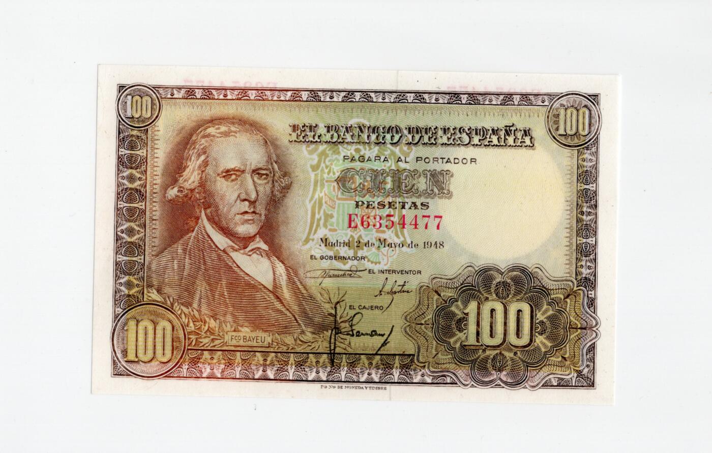 徐霞客拍卖首拍 西班牙	P-137 1948年100比塞塔	E6354477	unc-	这张纸币于1948年5月2日在马德里发行，正面主像为西班牙浪漫主义画家弗朗西斯科·巴耶乌，通过采用棕黄渐变套印与精细雕刻凹印工艺，花纹繁复且防伪性强，作为战后西班牙发行的首批大面额纸币之一，存世量已极为稀少，在欧洲纸币收藏中属于“小众精品”。		