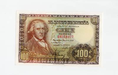 徐霞客拍卖首拍 - 西班牙	P-137 1948年100比塞塔	E6354477	unc-	这张纸币于1948年5月2日在马德里发行，正面主像为西班牙浪漫主义画家弗朗西斯科·巴耶乌，通过采用棕黄渐变套印与精细雕刻凹印工艺，花纹繁复且防伪性强，作为战后西班牙发行的首批大面额纸币之一，存世量已极为稀少，在欧洲纸币收藏中属于“小众精品”。		
